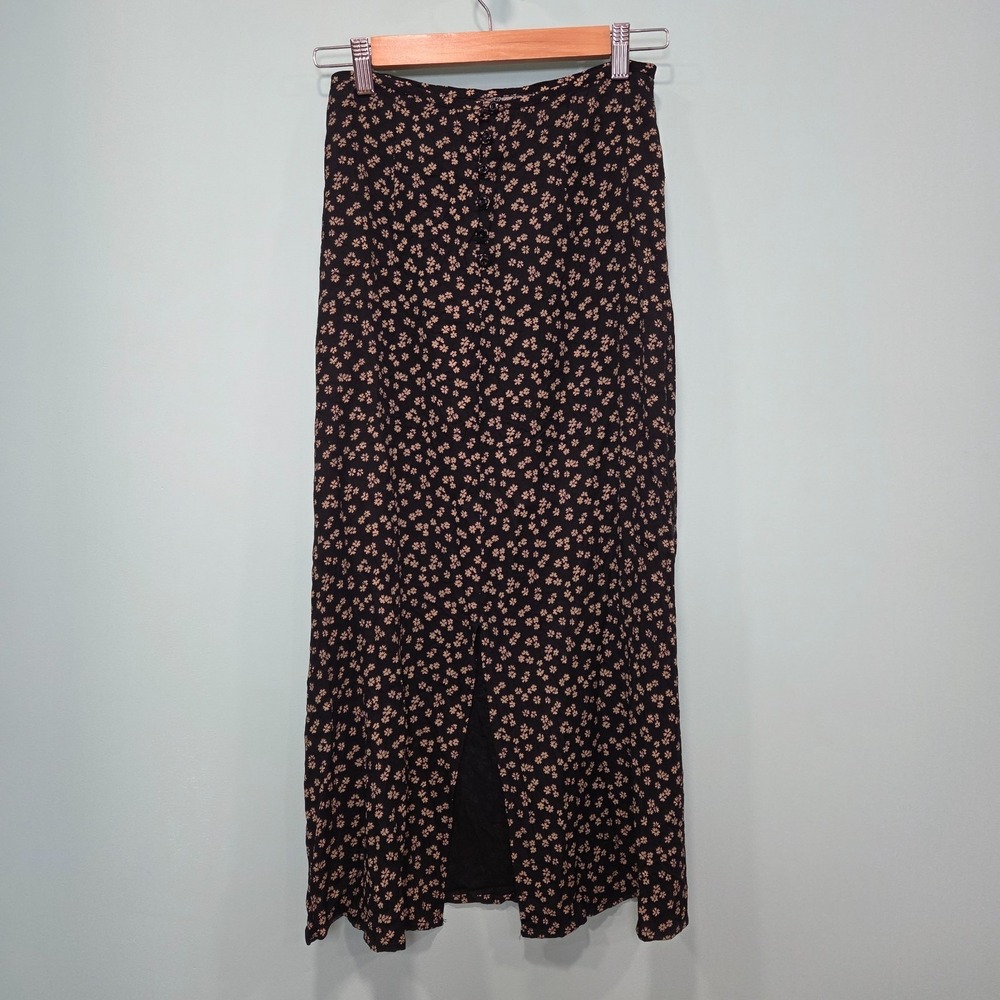 Vintage 90s Y2K Ditsy Floral Midi Skirt Whimsigoth Fairy Grunge 7/8 Black Beige